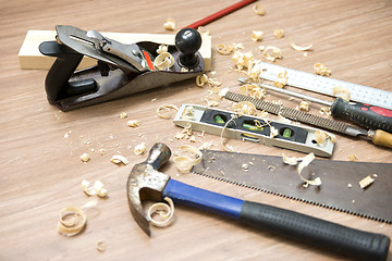 Image showing Carpentry Tools And Wood Shavings On Floor