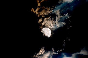 Image showing Big Moon Over The Clouds In A Dark Night