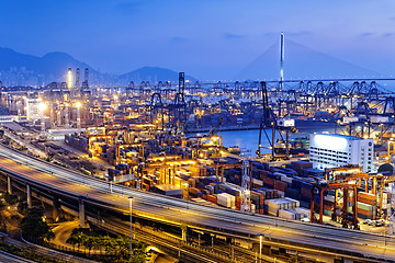 Image showing container terminal and stonecutter bridge in Hong Kong