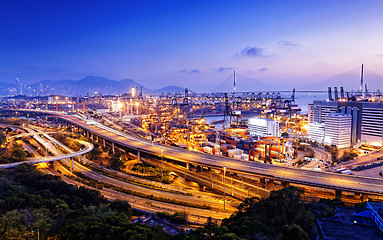 Image showing container terminal and stonecutter bridge in Hong Kong