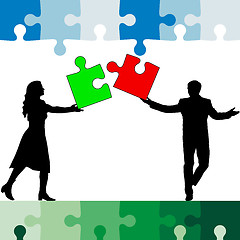 Image showing Jigsaw puzzle hold silhouettes of men and women color. Vector il