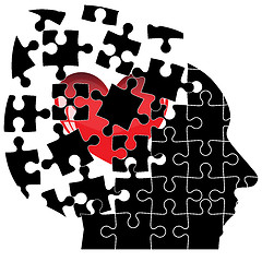 Image showing Jigsaw Puzzle head man with a heart shatters into pieces. Vector