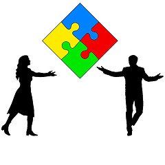 Image showing Jigsaw puzzle hold silhouettes of men and women. Vector illustra