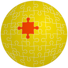 Image showing Jigsaw puzzle in the shape of a sphere with one red. Vector illu