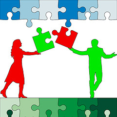 Image showing Jigsaw puzzle hold silhouettes of men and women green and red. V