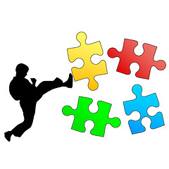 Image showing Jigsaw puzzle silhouette of karate breaks leg. Vector illustrati