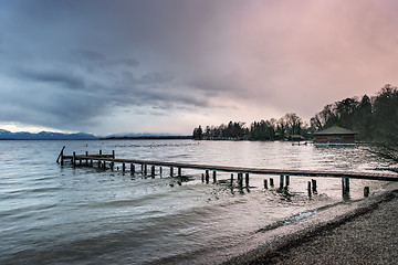 Image showing Lake at sunset with landing stage