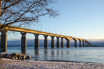 Image showing Winter beach by the bridge