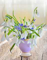 Image showing snowdrops in vase on old wood