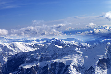 Image showing Sunlight snowy mountains