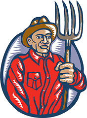 Image showing Organic Farmer Holding Pitchfork Woodcut Linocut