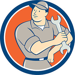 Image showing Mechanic Hold Spanner Wrench Circle Cartoon