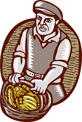 Image showing Organic Farmer Harvest Basket Woodcut Linocut