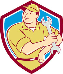 Image showing Mechanic Hold Spanner Wrench Shield Cartoon