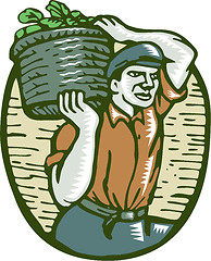 Image showing Organic Farmer Basket Crop Woodcut Linocut