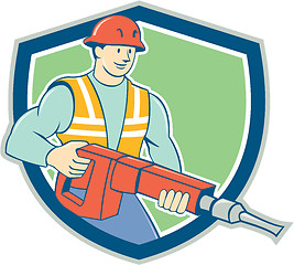 Image showing Construction Worker Jackhammer Shield Cartoon