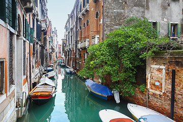 Image showing Empty gondolas parked in water canal