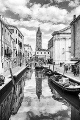 Image showing Gondolas moored along water canal in Venice bw