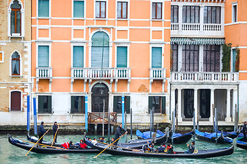 Image showing Gondolas with tourists in Venice