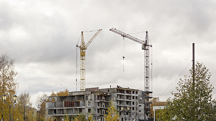 Image showing Cranes on construction site of building