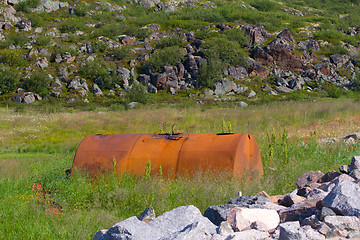 Image showing empty barrels in the Arctic environmental pollution