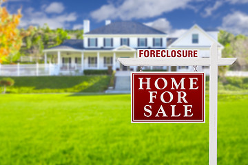 Image showing Foreclosure Home For Sale Sign in Front of Large House