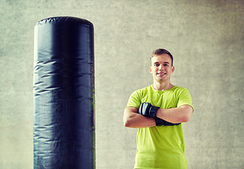 Image showing man with boxing gloves and punching bag in gym