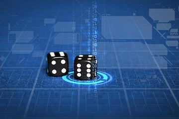 Image showing close up of black dice on blue casino table