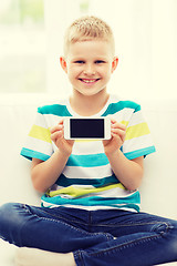 Image showing little boy showing smartphone black blank screen