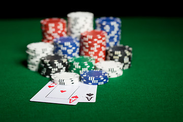 Image showing close up of casino chips and playing cards