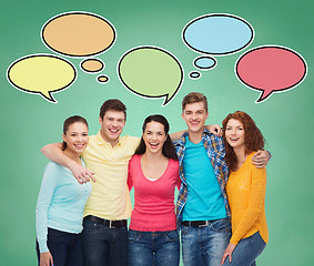 Image showing group of smiling teenagers with text bubbles