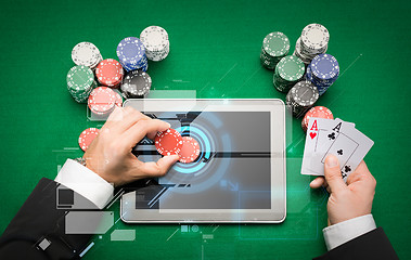 Image showing casino poker player with cards, tablet and chips