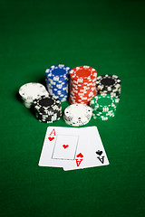 Image showing close up of casino chips and playing cards