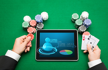 Image showing casino poker player with cards, tablet and chips