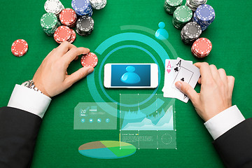 Image showing casino player with cards, smartphone and chips