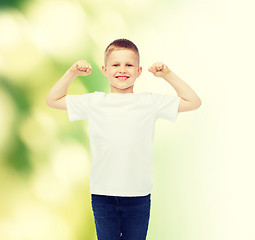 Image showing little boy in white t-shirt with raised hands