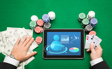 Image showing casino poker player with cards, tablet and chips