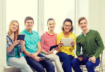 Image showing smiling students with tablet pc computer