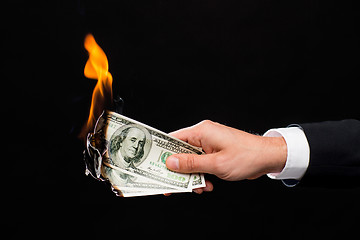 Image showing close up of male hand holding burning dollar money