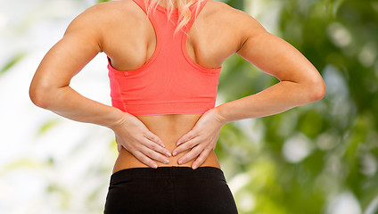 Image showing close up of sporty woman touching her back