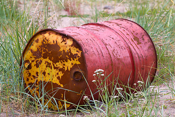 Image showing rusty old barrel in a grass