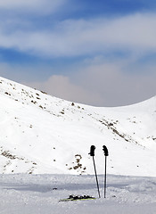 Image showing Ski and skiing equipment on slope