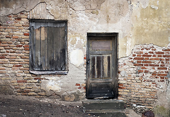 Image showing Old window and door with cracked wall 