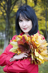 Image showing Girl with a bouquet of yellow leaves