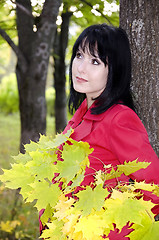 Image showing Girl with a bouquet of yellow leaves