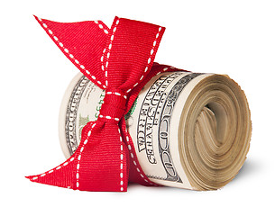 Image showing Roll Of One Hundred Dollar Bills Tied With Red Ribbon