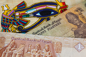 Image showing Typical Egyptian papyrus and different banknotes