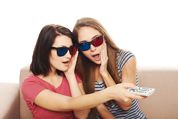 Image showing Three surprised women with TV remote control