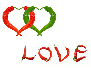 Image showing Two hearts and word Love composed of red and green chili peppers