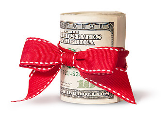 Image showing Vertical Roll Of One Hundred Dollar Bills Tied With Red Ribbon